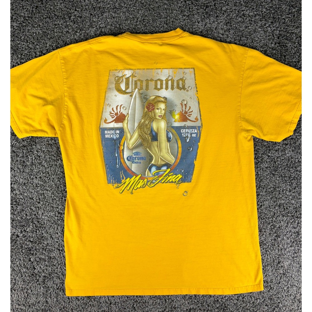 Vintage 90s Corona Extra T-Shirt Mens XL Yellow Surf Graphic Beer Tee Cygnus